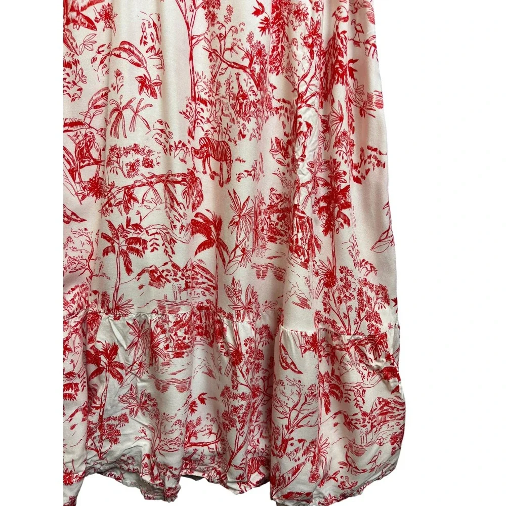 HM LOGG Red White Tropical Toile Tiered Midi Dress‎ V-Neck Drawstring Medium